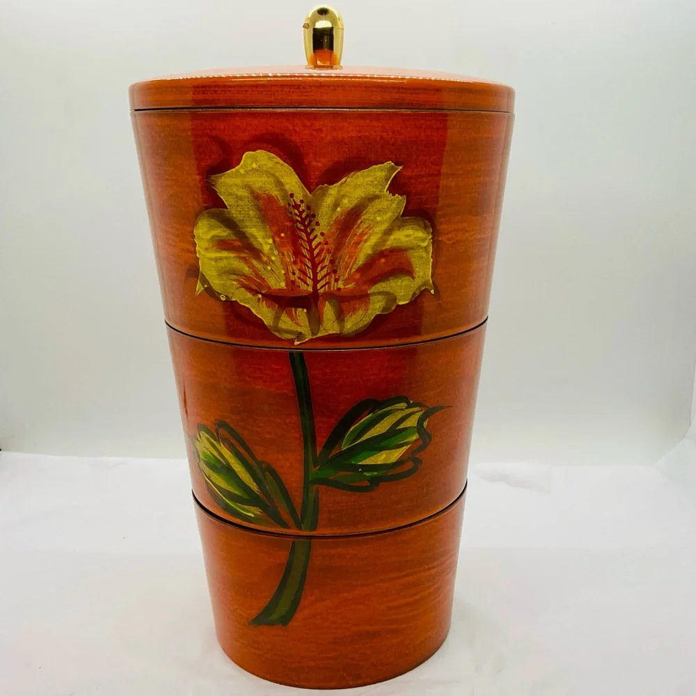 VTG Orange Lacquer Ware Stacking Nesting Set 3 Bowls & Lid Floral Design - Japan
